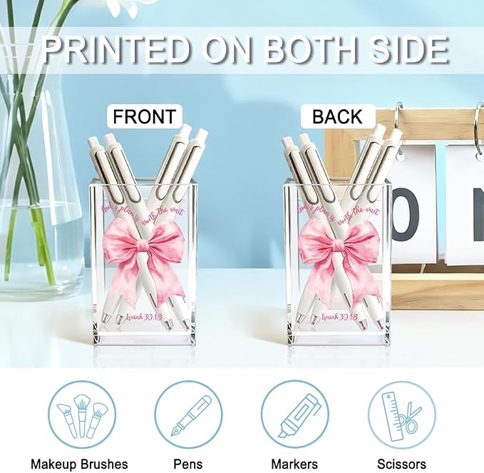 God's Plan is Worth The Wait Acrylic Cosmetic Holder, Pink Bow Clear Makeup Brush Holder Countertop, Storage Box for Makeup, Christian Bible Verses Birthday Gifts for Women Girlfriend Her