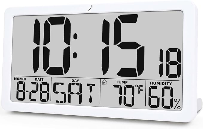TXL Large Display Digital Wall Clock, Battery Operated with Temperature & Humidity, Auto DST, Date & Weekday, Easy Set Alarm, for Living Room, Bedroom, Office & Classroom (White)
