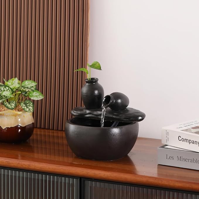 Ceramic Tabletop Fountain for Indoor and Home Decoration Table Desk Office Patio (Ceramic Pot Fountain) (Black)