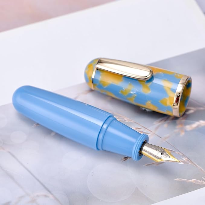 Lanxivi Majohn Q1 Fountain Pen Medium Nib Sky Blue Acrylic, Little Fat Man Eyedropper Filling Pocket Pen Large Capacity