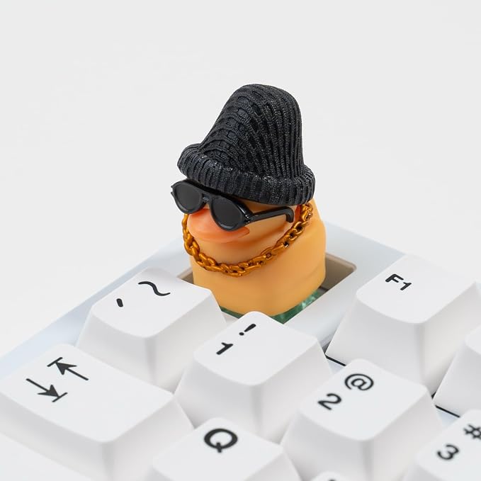 1U Handmade Resin Yellow Rap Duck Keycap - Cute Duck with Sunglasses Gold Necklace Knitted Hat, Compatible with MX Switch Mechanical Keyboards