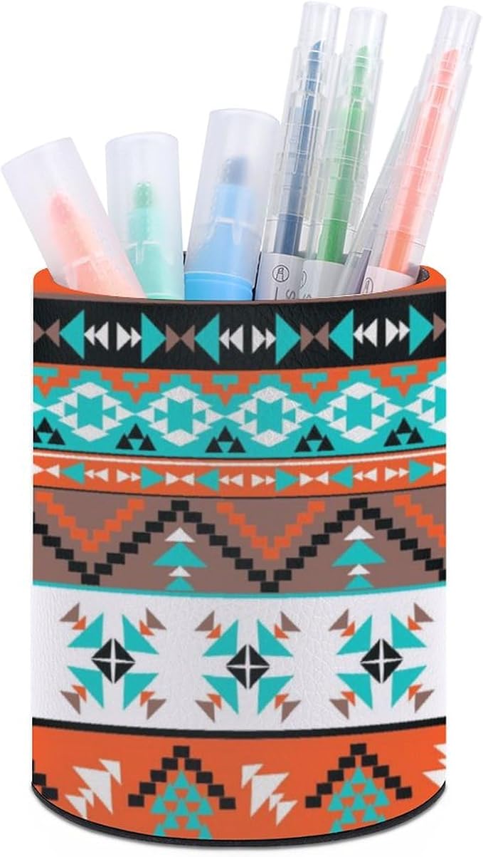 Western Aztec Pen Holder for Desk PU Pencil Cup Organizer | Round Desks Makeup Brush Holder for School Multifunctional Office Supplies