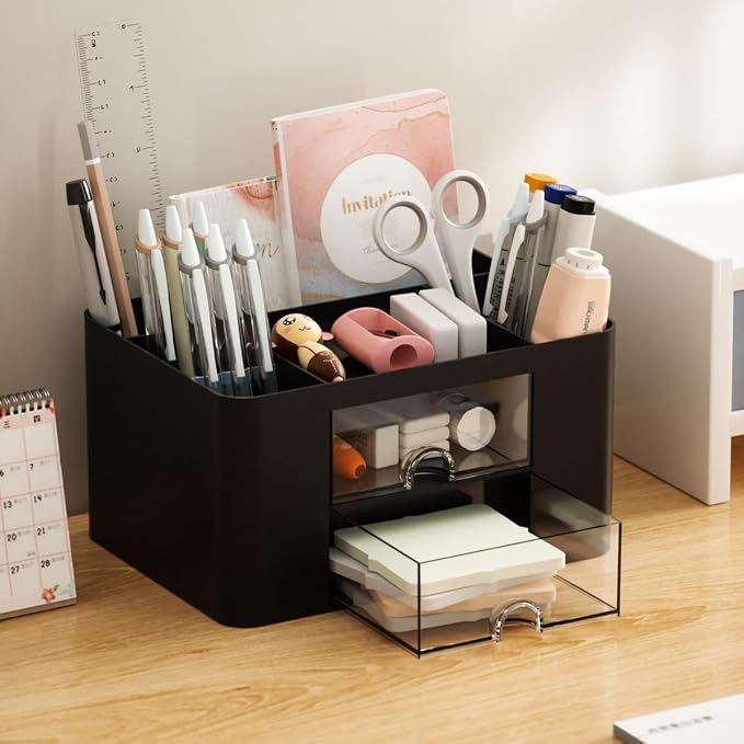 Stationary Organiser 7-Grid Desk Organizer with Drawer – Multifunctional Plastic Table Organizer & Pen Holder for School, Office, and Home (Black)
