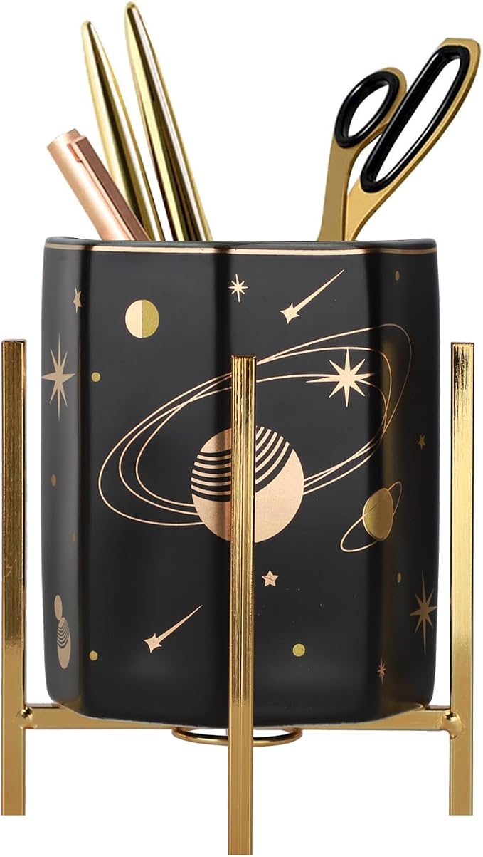 Planet Pencil Cup Sturdy Metal Frame with White Ceramic Pen Holder For Desks and kitchen Appliance Holders
