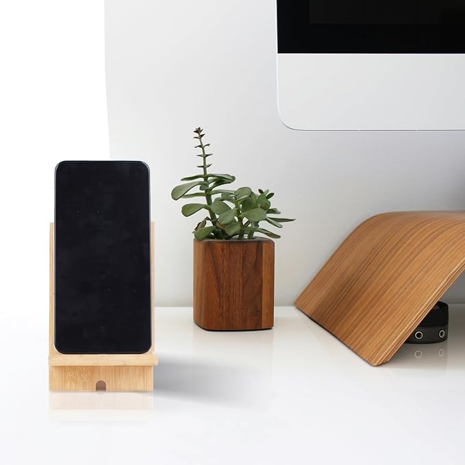 Mobile Stand Japanese Style Cellphone Holder Desktop Organizer Charging Station Compatible with All Smartphones Tablets Natural Bamboo Wood Portable Adjustable Angle (PATTERN-2HOLES)