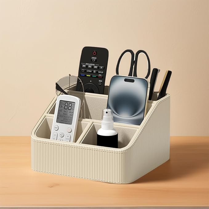 Buqoo Coffee PU Leather Desk Organizer with Gold Accents | 4-Compartment Remote Holder & Stationery Caddy for Office/Nightstand (6.89in×6.69in×3.94in)