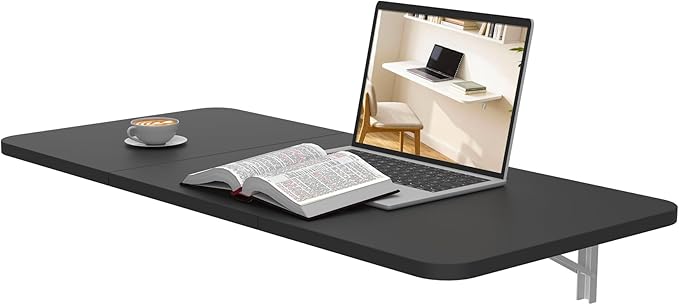 Wall Mounted Folding Desk 35.4” x 15.7”, Drop Down Table with Metal Collapsible Brackets, Folding Wall Table for Small Spaces, Home, Office, Kitchen, Laundry Room-Black