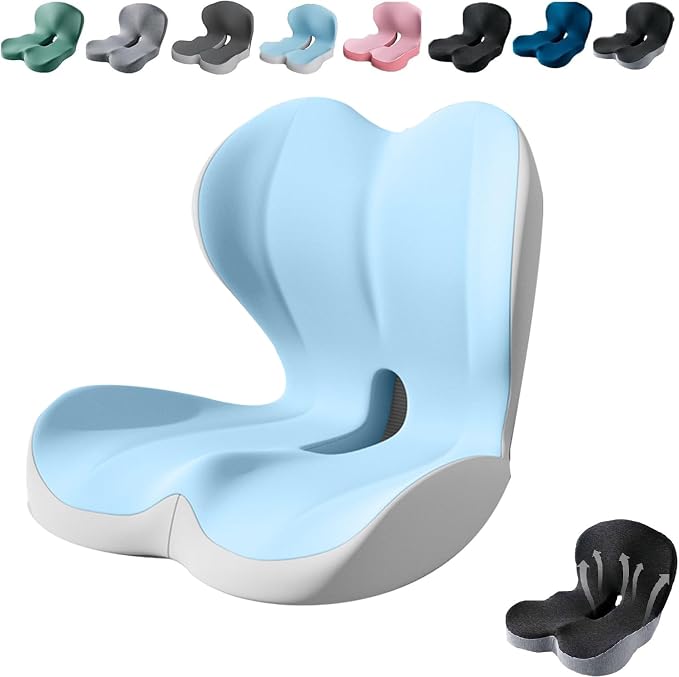 Ergonomic Memory Foam Seat Cushion for Tailbone Pain Relief, Suitable for Office Home Chair, Car and Wheelchair (Blue & Gray)