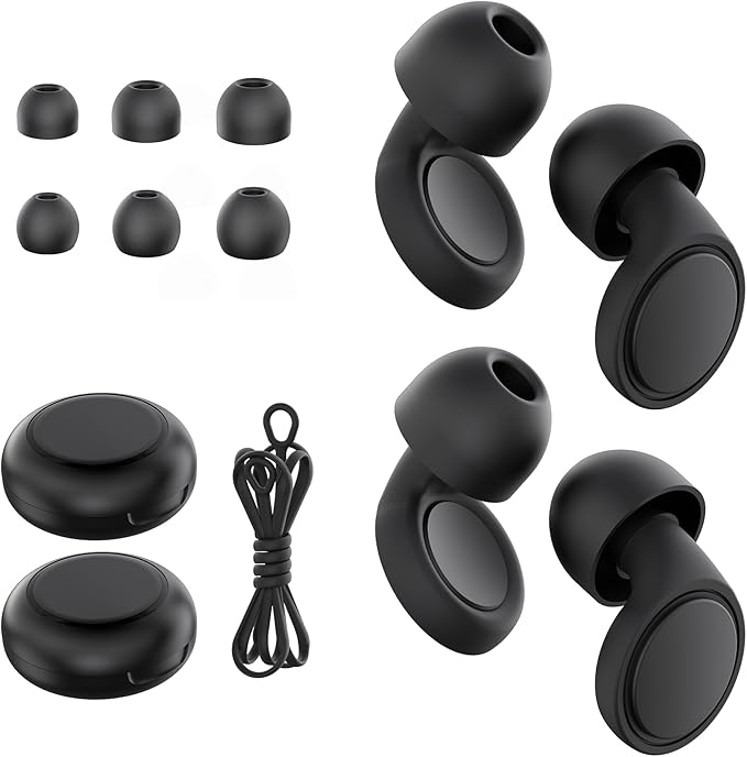 2 Pairs Ear Plugs for Sleeping, Soft Full Silicone Ear Plugs for Noise Reduction 25dB, Reusable Hearing Protection Earplugs for Concert, Focus, Noise Sensitivity, 8 Ear Tips in S/M/L - Black