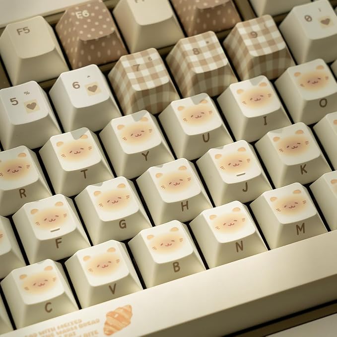 PBT Keycaps, Cute Bread Keycaps Set, 136 Keys Cherry Profile Keyboard Caps, Custom Dye-Sublimation Key Cap for 61/64/68/84/87/100/104/108 Cherry MX Mechanical Keyboards (Bread)