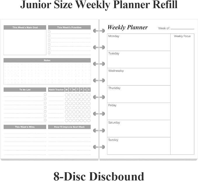 (2-Pack) Weekly Planner Undated Refills - Junior Size 106 Sheets/212 Pages Weekly Planner for 8-Disc Discbound, 100 gsm White Paper, Lasts 1 Year, Undated, 5.8" x 8.3", Black