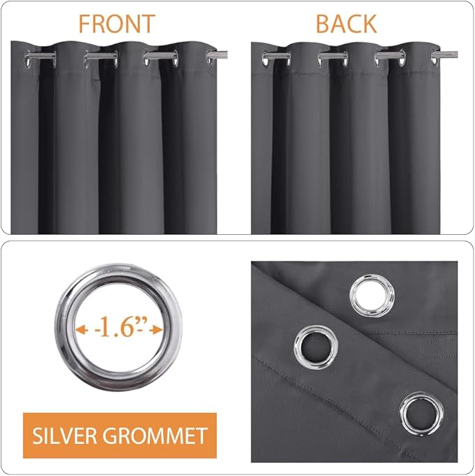 RYB HOME Noise Cancelling Curtains - 3 Layers Total Blackout Curtains Grommet Heavy Duty Drapes Thermal Insulated Energy Efficiency for Kids Room Studio Bedroom, 52 x 63 inches Long, Grey, 2 Panels