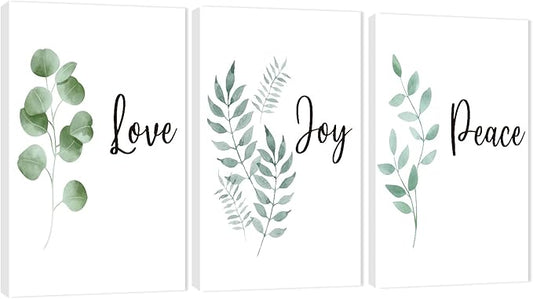 3 Piece Inspirational Wall Art, White Plants Background Picture, Quotes "Love Joy Peace" Canvas Print for Bedroom Decor, Triptych Entrepreneur Painting Framed Artwork for Gym Wall Decor (72"Wx36" H)