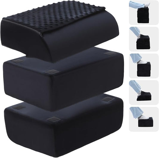 Novabright Foot Rest Under Desk, 3 Height Adjustable Ergonomic Foot Stool with Gel Textured Top and Cozy Pocket, Non-Slip Foam Footrest for Office Home Car(15" X 11" X 14.4",Cambered,Black)