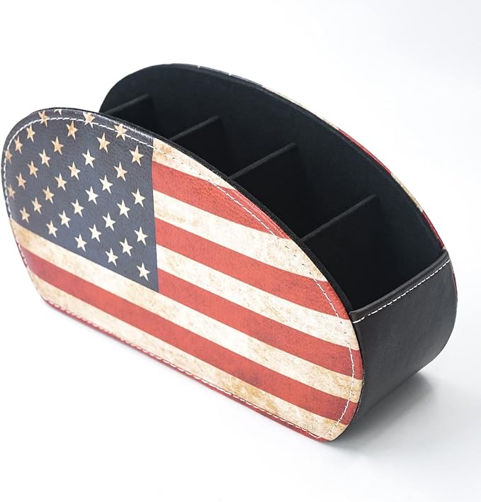 DreamsEden Remote Control Holder, Vintage American Flag Desktop Organizer Caddy 5 Compartments for TV Controller, Pen Pencil, Makeup Brush
