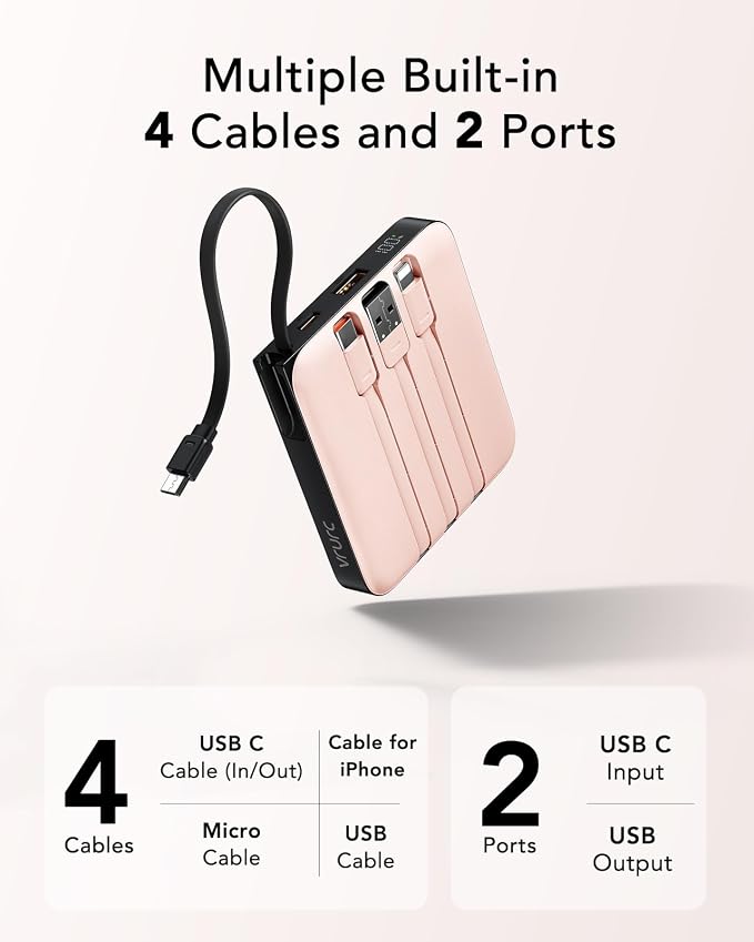 VRURC 20000mAh Power Bank Built-in Cables, Travel Essentials, Portable Charger 22.5W Fast Charging USB C Battery Pack, Phone Battery Bank for iPhone 17/16/15 Series, Android Phone - Pink(1 Pack)