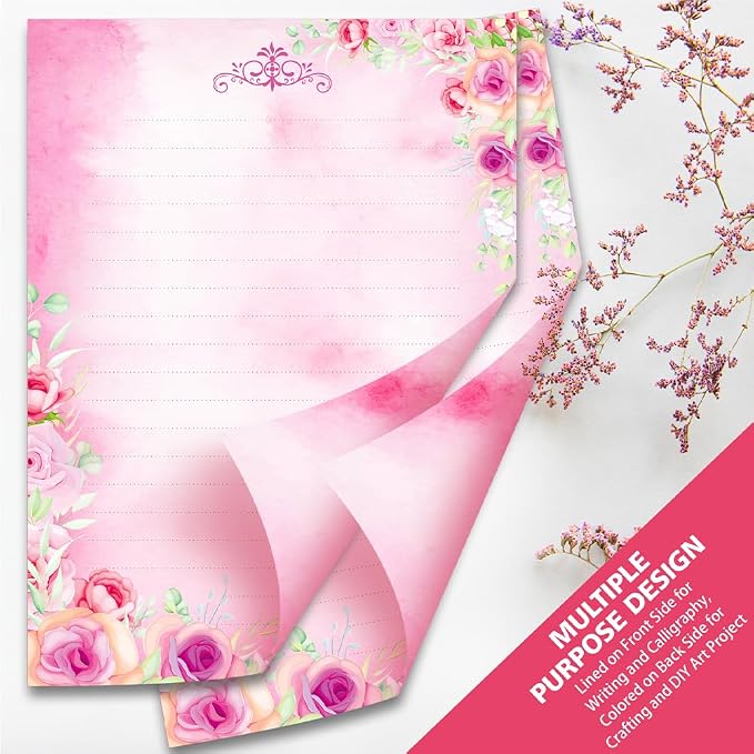 Anzon Mories A4 60 Pieces Cute Stationary Writing Paper and Envelope Set (2 Sides Colored, 1 Side Lined) 30 Sheets, 30 Pcs Envelopes, Kawaii Letter Stationery Floral Decoration