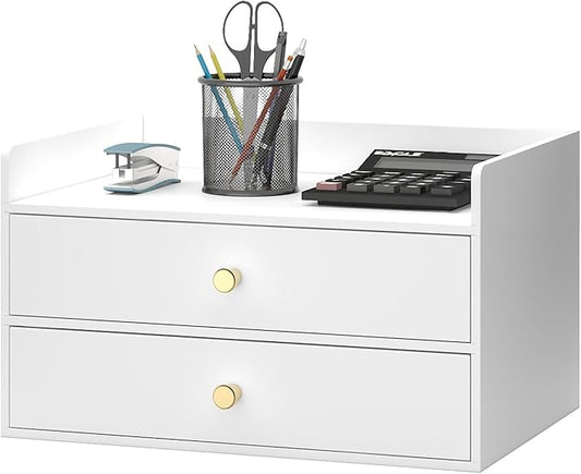 Bamboo Desk Organizer with Drawers Wooden Desktop Storage Organization Box for Bills Office Supplies Kitchen Utensils Organizing Tool for Home Classroom Vanity, No Assembly Required (2 Drawers, White)