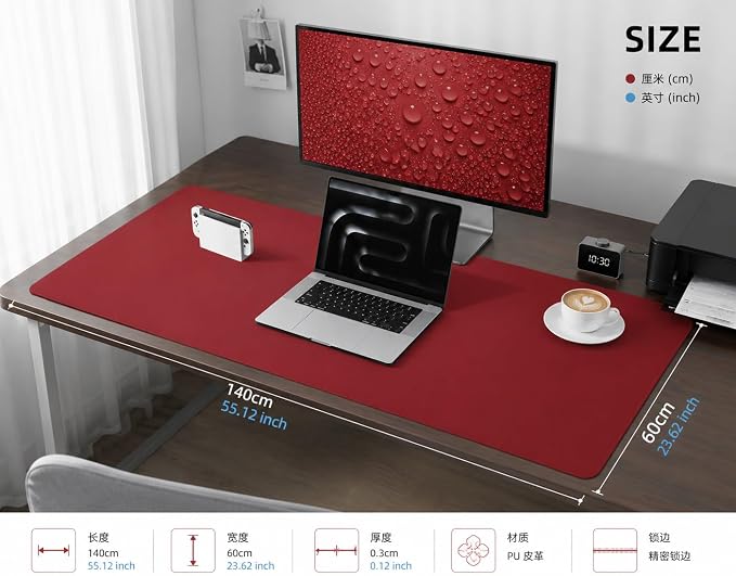 AFIING Large Desk Mat 55" x 24" - PU Leather Desk Pad Protector, Waterproof Non-Slip Extended Mouse Pad for Office Desk, Keyboard, Laptop and Home Workspace Red
