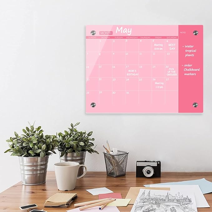 Pink Glass Dry Erase Whiteboard, 18" x 24", Frameless Glass White Board for Home, School, Office