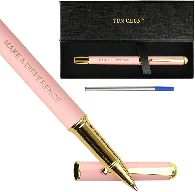 YUNCHUN Luxury Inspirational Rollerball Pen Set Gifts for Women, Metal Pens with Motivational Words, Smooth Black Ink Medium Point, Elegant Executive Gift Pens with Extra Blue Refill, Pink