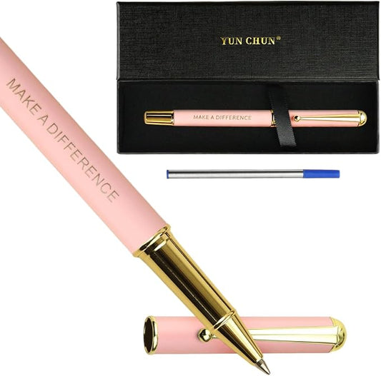 YUNCHUN Luxury Inspirational Rollerball Pen Set Gifts for Women, Metal Pens with Motivational Words, Smooth Black Ink Medium Point, Elegant Executive Gift Pens with Extra Blue Refill, Pink