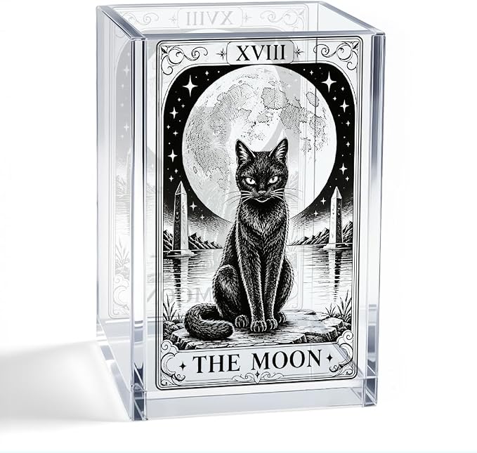 The Moon Tarot Card Acrylic Pen Holder, Gothic Black Cat Full Moon Desk Pencil Cup Organizer, Halloween Office Decor Accessory, Witchy Gifts For Women Student Teacher Tarot Reader Cat Lover
