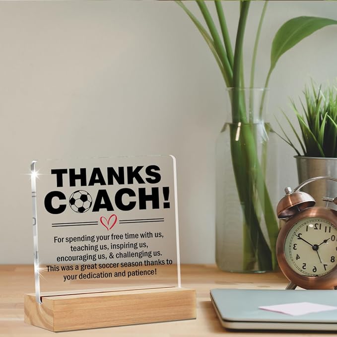 Soccer Coach Gifts for Men Thank You Appreciation Desk Decor Sign | End of Season Soccer Gift for Coach, Home Office Desk Decorative Sign, Clear, Acrylic, 4 x 4 Inches