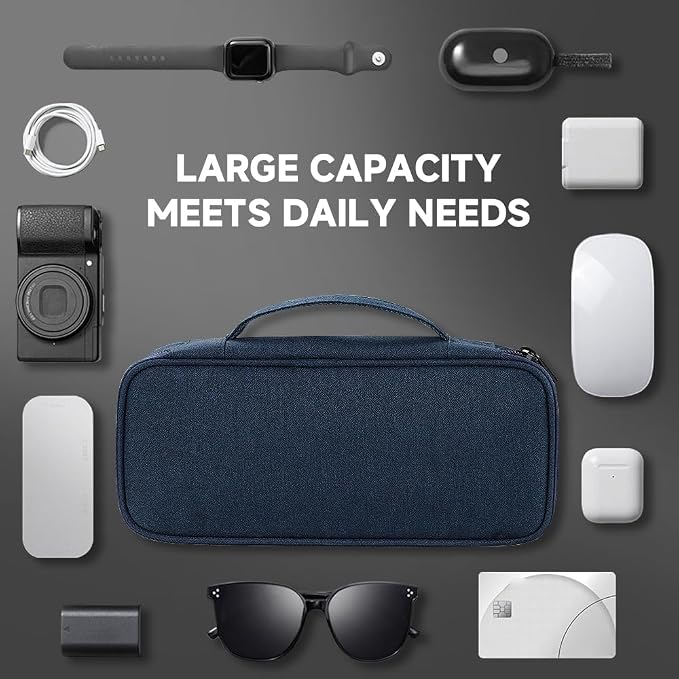 Teskyer Tech Organizer Pouch – Portable Waterproof Electronics Bag with Compartments for Cables, Chargers, Earbuds & Phone (Navy Blue)