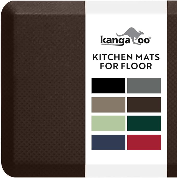 KANGAROO Anti Fatigue Mats for Kitchen Floor, 58x20, Reduce Foot, Knee, Back Pressure, 3/4 Inch Thick Cushioned Ergonomic Mat, Waterproof Comfort Rug for Under Sink, Standing Desk, Store Floors, Brown