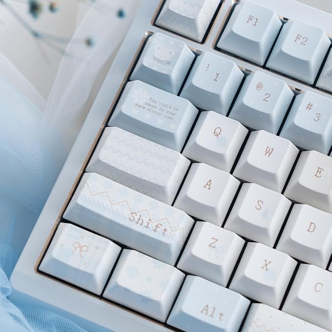 PBT Keycaps, Minimalist Blue Keycaps Set, 136 Keys Cherry Profile Keyboard Caps, Custom Dye-Sublimation Key Cap for 61/64/68/84/87/100/104/108 Cherry MX Mechanical Keyboards (Winter Letter)