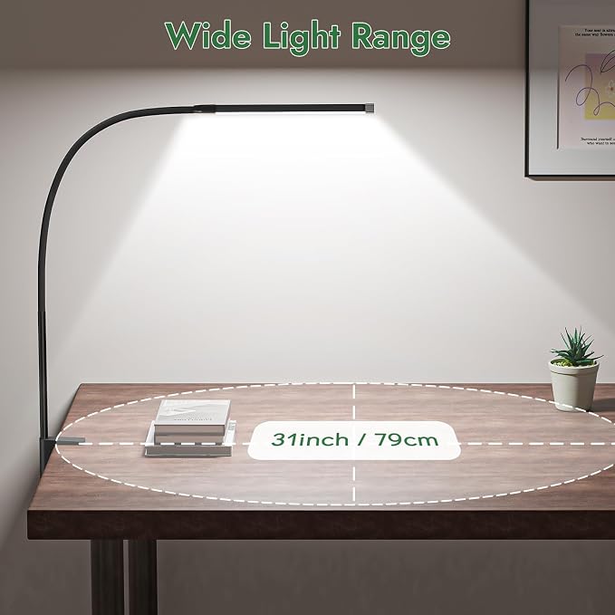 Clamp Lamp for Desk, Eye-Caring LED Clip Light (Black) | 27" Tall Flexible Arm, 3 Color Modes 10 Brightness, USB-Powered with 5V/2A Adapter