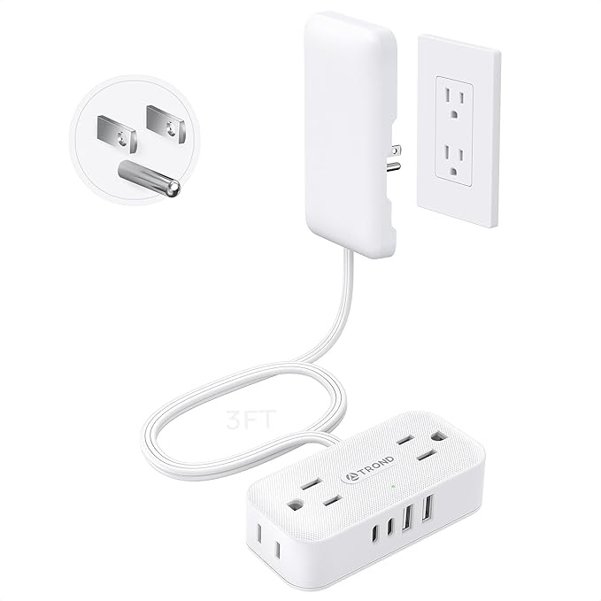 TROND 3FT Flat Extension Cord with Ultra-Thin Outlet Cover, Flat Wall Plug Power Strip with 4 AC 4 USB Ports, Hidden Outlet Extender for Tight Spaces, 10A/1250W, 900J Surge Protection, White