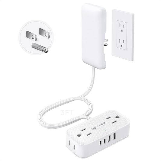 TROND 3FT Flat Extension Cord with Ultra-Thin Outlet Cover, Flat Wall Plug Power Strip with 4 AC 4 USB Ports, Hidden Outlet Extender for Tight Spaces, 10A/1250W, 900J Surge Protection, White