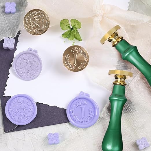 Elegant Initial J Wax Seal Kit,2pcs Exquisite Brass Stamp Heads with Eucalyptus & Flower Designs Ideal for Wedding Invitations Gift Wraps Envelopes and Christmas Cards (Alphabet J Kit)