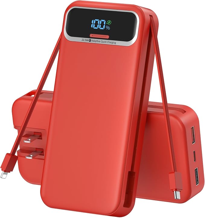 Nusyddy Portable Charger 20000mAh 22.5W w/Built-in Cables & Wall Plug Red | 22.5W Fast Charging, High Capacity, LED Display, Charge 5 Devices at once, TSA Approved, Compatible with iPhone/iPad/Samsung