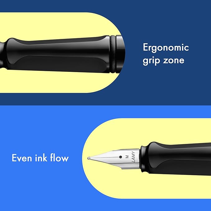 LAMY safari black - Fountain Pen with ergonomic grip & polished Left-Handed steel nib (LH) in size M - ideal for any Writing & Calligraphy - including LAMY T 10 blue cartridge