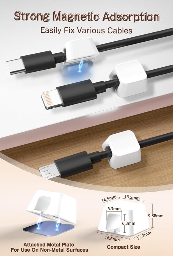 Maveek Magnetic Cord Holders, 5 Pack Silicone Magnet Cable Clips with Metal Plates, Standing Desk Wire Organizer for USB Charging Cables, Nightstand, Car, Metal Surface (Small, White)