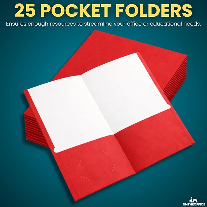 1InTheOffice Pocket Portfolio, Embossed Pocket Paper Folder, 11 x 8.5, Red, 25 Pack