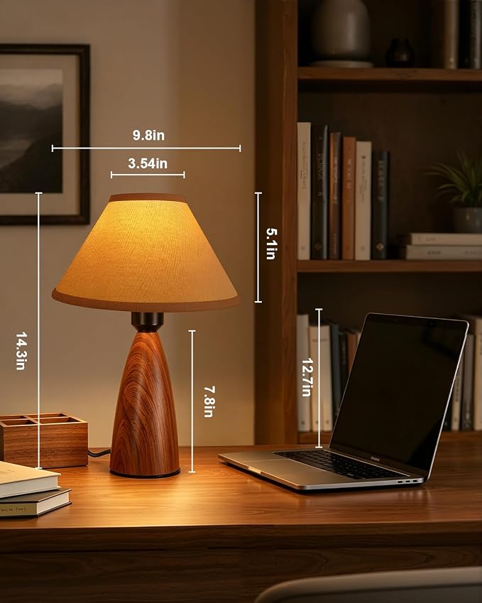 Nusogon Set of 2 Touch Table Lamps for Bedroom & Living Room, 3-Way Dimmable Bedside Lamps with Wood Grain Base & Fabric Shade, Farmhouse Nightstand Lamps for Nursery, Kids Room, LED Bulbs Included