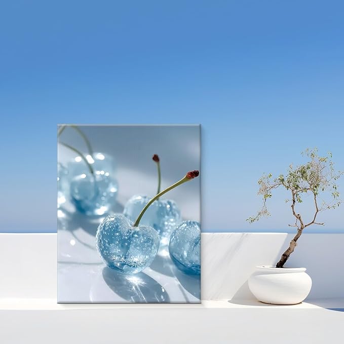 Preppy Blue Cherry Wall Art Decor Trendy Glam Cherry Picture Painting Artwork Modern Aesthetic Wall Decor for Home Apartment Bedroom 8x10 Canvas Framed