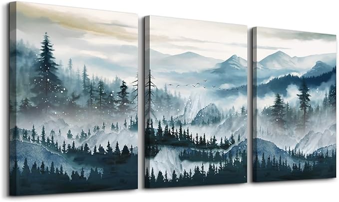 MHARTK66 Wall Art for Living Room,Mountain Landscape Wall Decor,Large Foggy Forest Artwork for Walls, 3 Piece Nature Paintings Prints for Bedroom Hallway Office Kitchen Home Decorations, 20x28 Inch