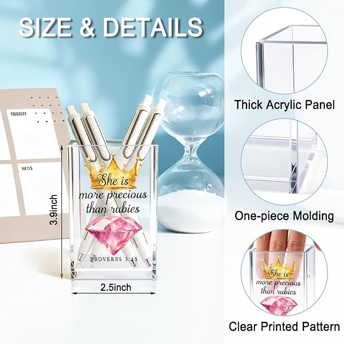 She Is More Precious Than Rubies Acrylic Cosmetic Holder for Women | Crown Clear Makeup Brush Holder, Ideal for Bathroom Jewelry Accessories Holding, Christian Bible Verses Gifts for Girlfriend