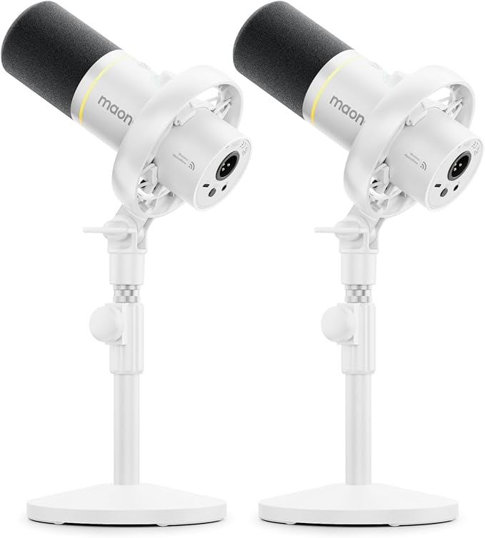 MAONO PD200W Hybrid Wireless Podcast Equipment Bundle for 2, XLR USB Dynamic Microphone Kit with 2 Desktop Stand, Software, Noise Cancellation, for Co-hosted, Podcasting, Content Creation,White