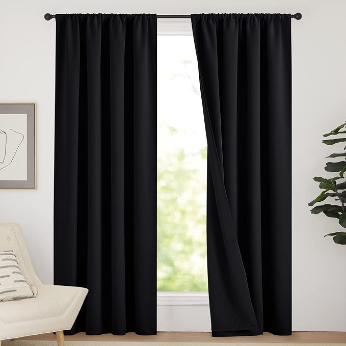 NICETOWN Cold Reducing Thermal Curtains, Full Blackout Curtains 84 Inches Long for Dining Room, Soundproof Window Treatment Drapes for Hall Room, Black, 52 inches Wide Per Panel, Set of 2 Panels