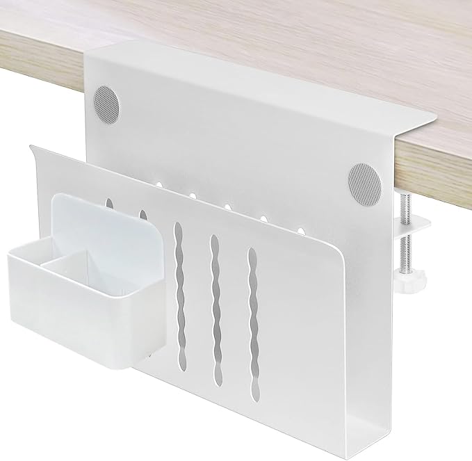 Desk Side Storage Organizer, Under Desk Laptop Holder with Magnetic Pen Holder, No Drill Hanging Desks Caddy for Office & Home, Clamp On Desk Shelf for Tablet, Files, Accessories (White)