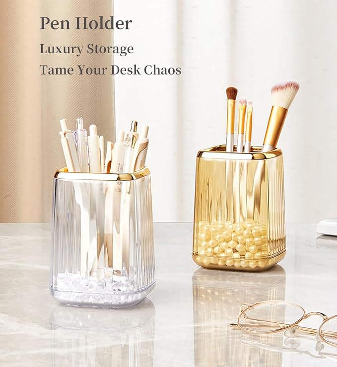 Acrylic Pen Holder, Cute Clear Desk Organizer for Pencils, Makeup Brushes Toothbrushes Storage Cup with Striped Design for Vanity Bathroom