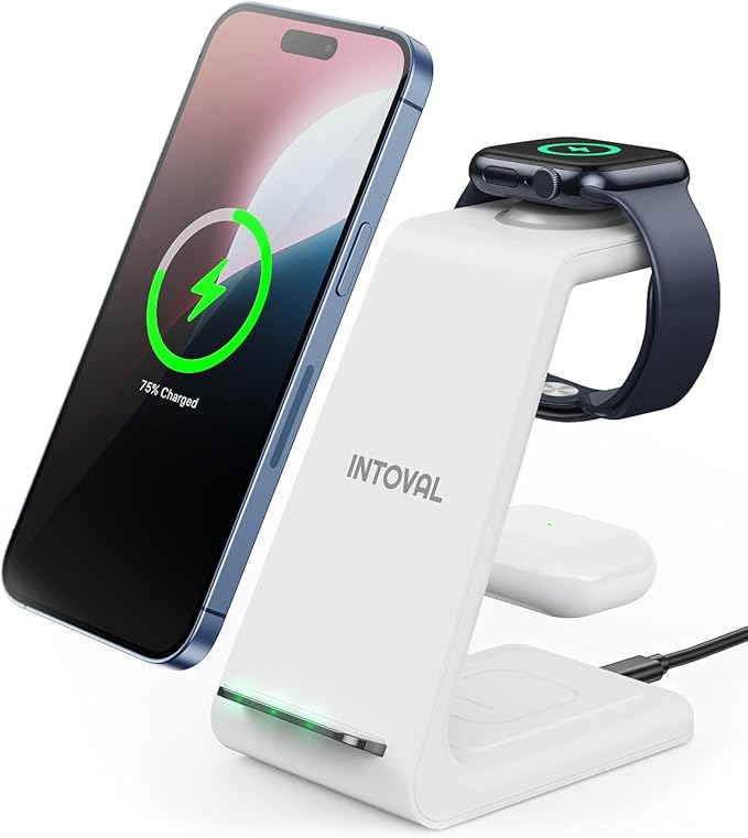 Intoval 3 in 1 Wireless Charging Station for iPhone and Apple Watch,Fast Wireless Charger Stand,Compact Desk Charging Dock for iPhone17 16 15 14 13/Pro/Max, iWatch11 10 9 Ultra/SE 3/4,AirPods