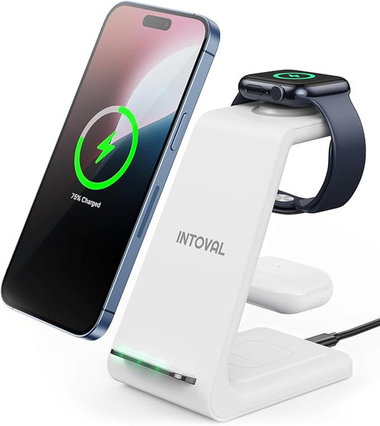 Intoval 3 in 1 Wireless Charging Station for iPhone and Apple Watch,Fast Wireless Charger Stand,Compact Desk Charging Dock for iPhone17 16 15 14 13/Pro/Max, iWatch11 10 9 Ultra/SE 3/4,AirPods