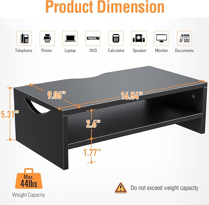 2-Tier Wood Monitor Stand Riser for Laptops & PCs, Black | Built-in storage desktop shelf, space-saving organizer compatible with MacBook, notebook and all desktop computers